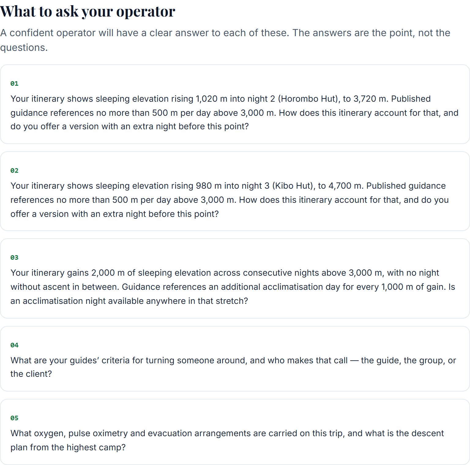 Generated operator questions, each containing the customer's own elevation figures