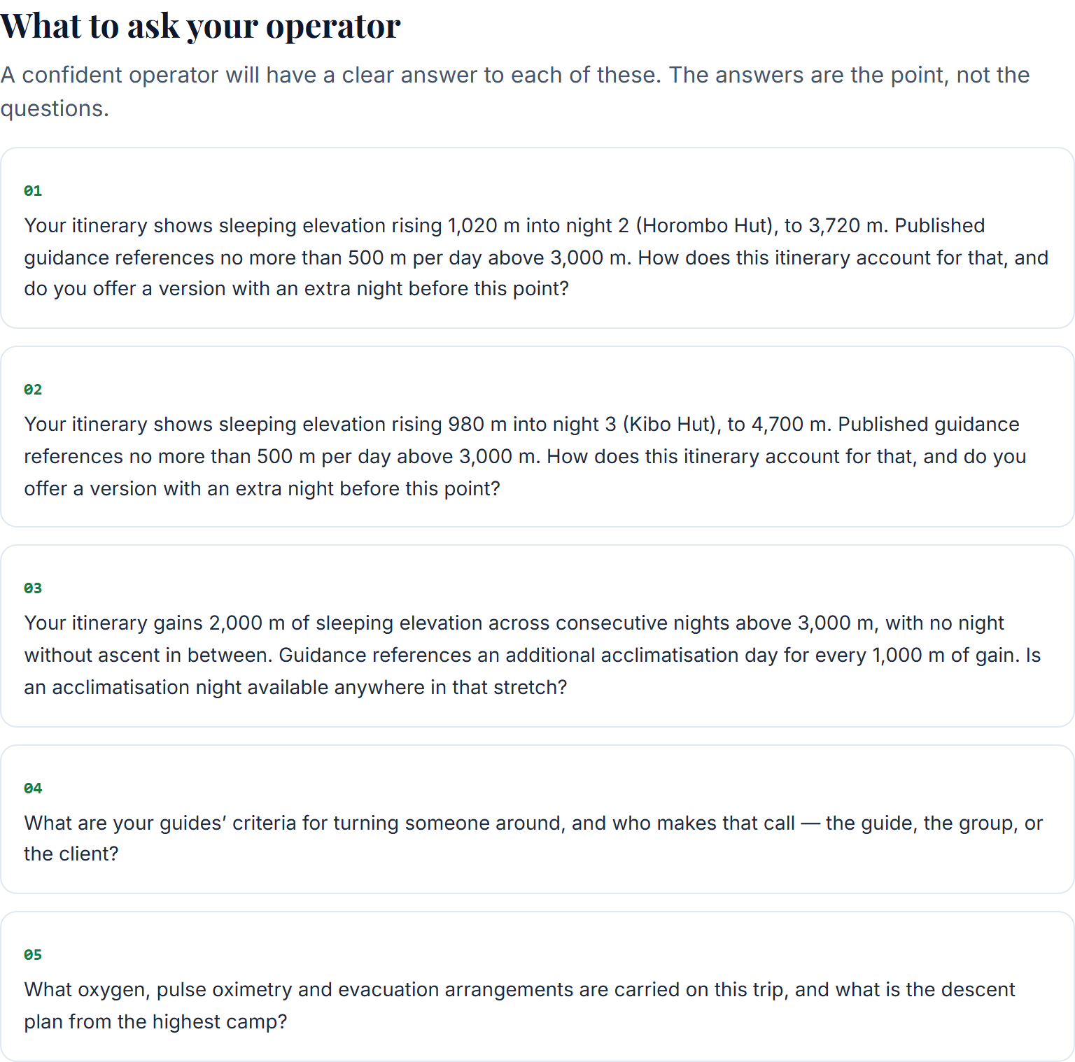Generated operator questions, each containing the customer's own elevation figures