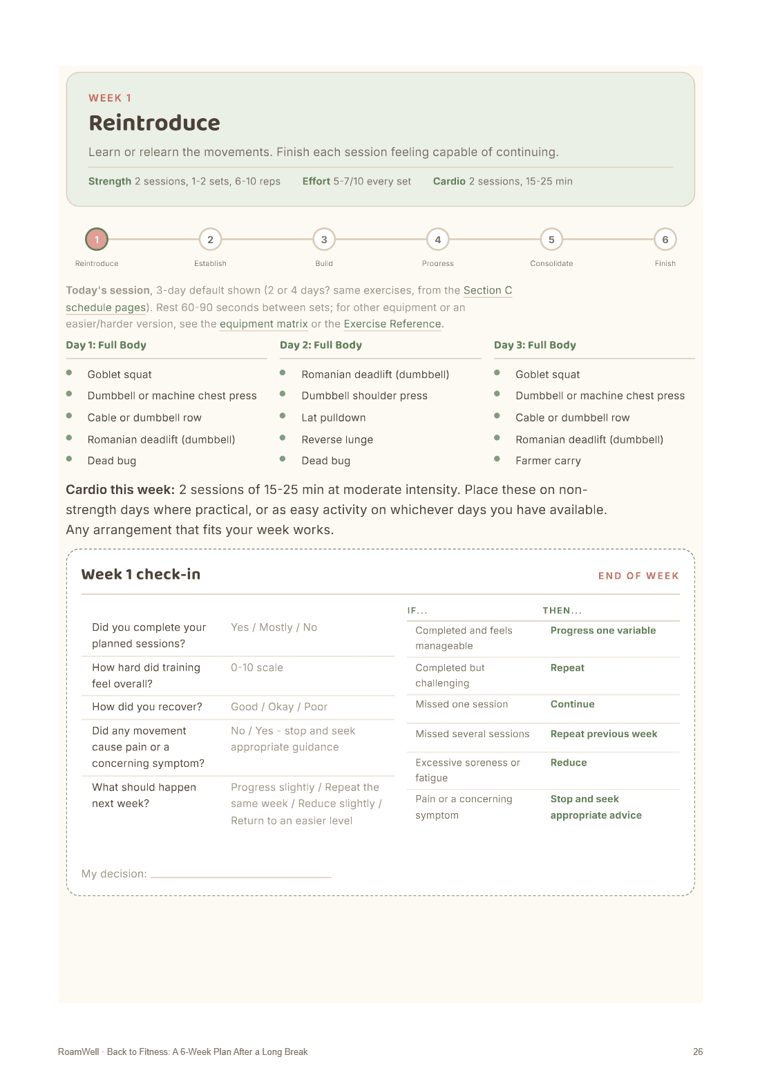 The Week 1 Reintroduce page, with its session schedule and end-of-week check-in