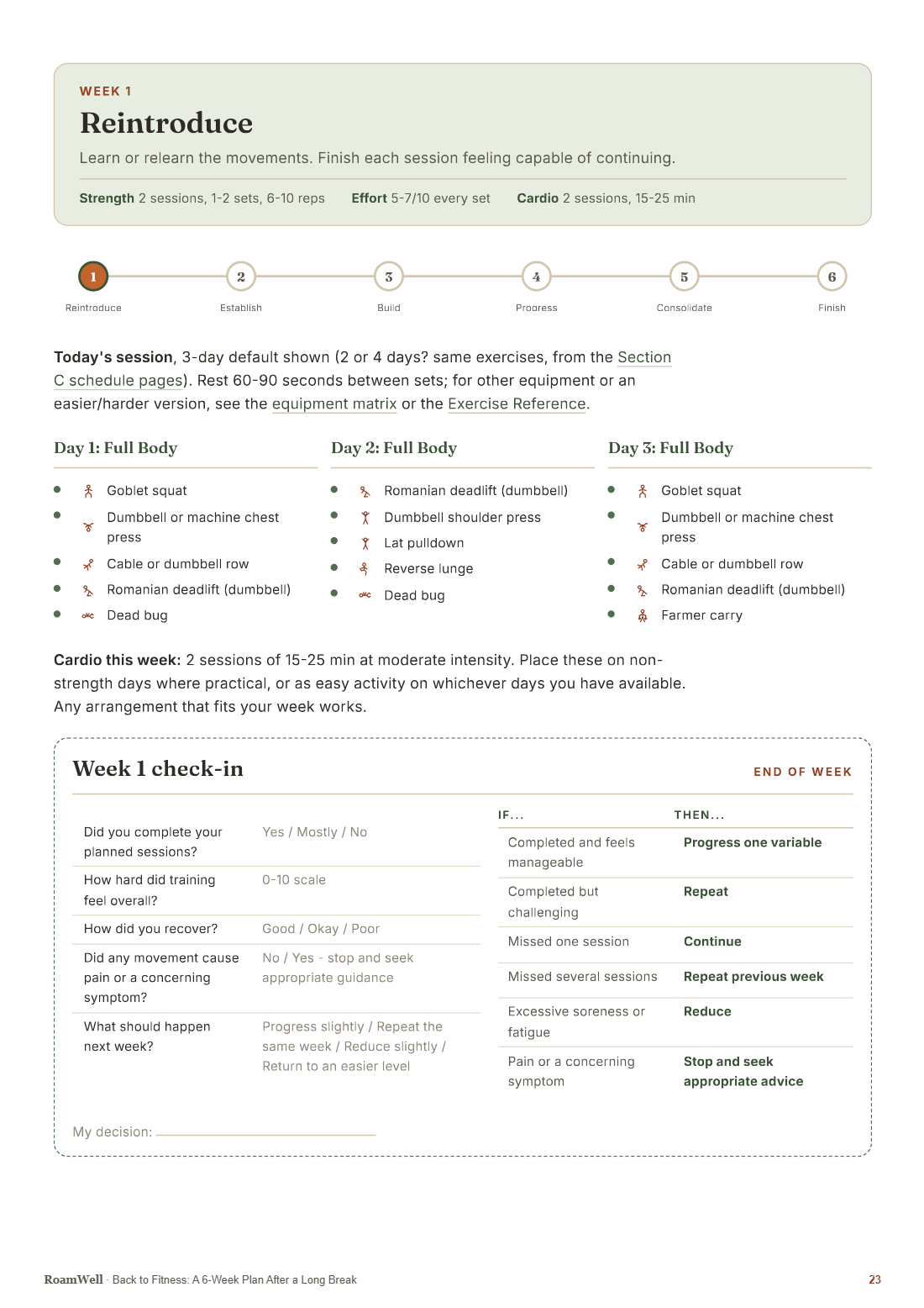The Week 1 Reintroduce page, with its session schedule and end-of-week check-in