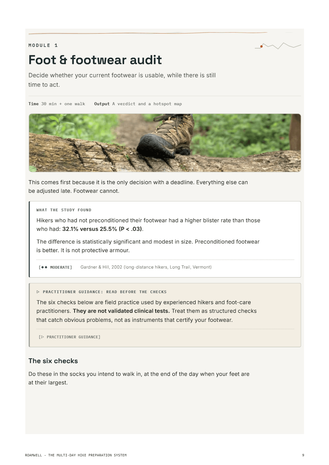 The foot and footwear audit module with six structured checks and verdict logic