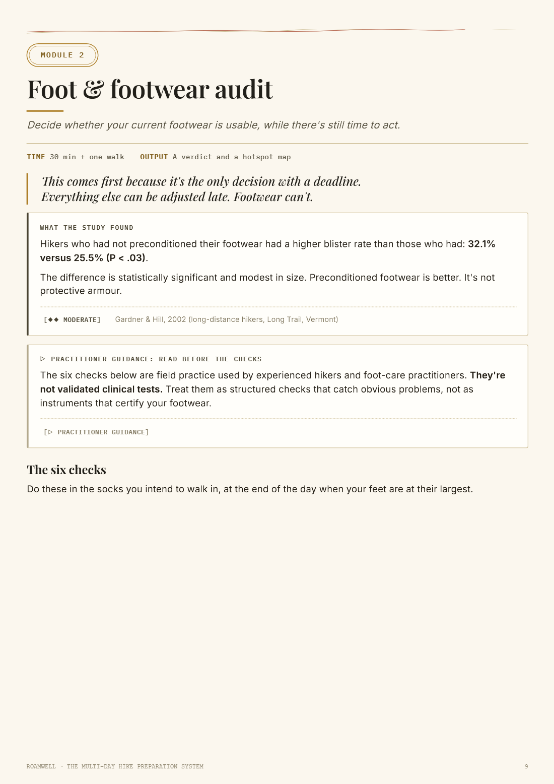 The foot and footwear audit module with six structured checks and verdict logic